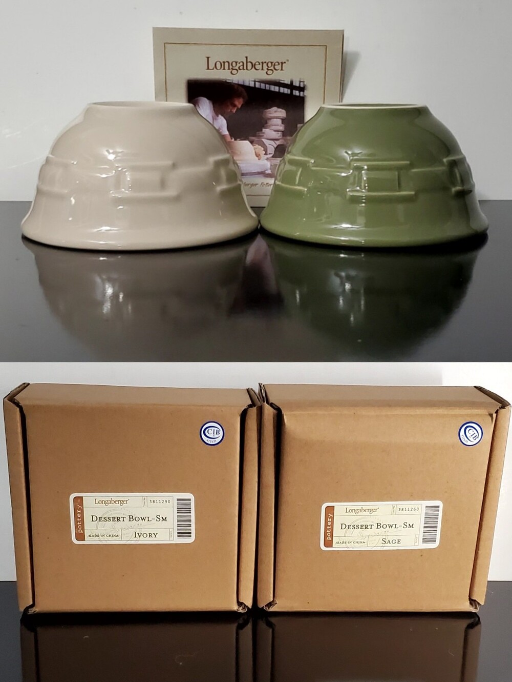 2 NIB Longaberger Woven Traditions Small 8oz Ivory & Sage Pottery Dessert Bowls
